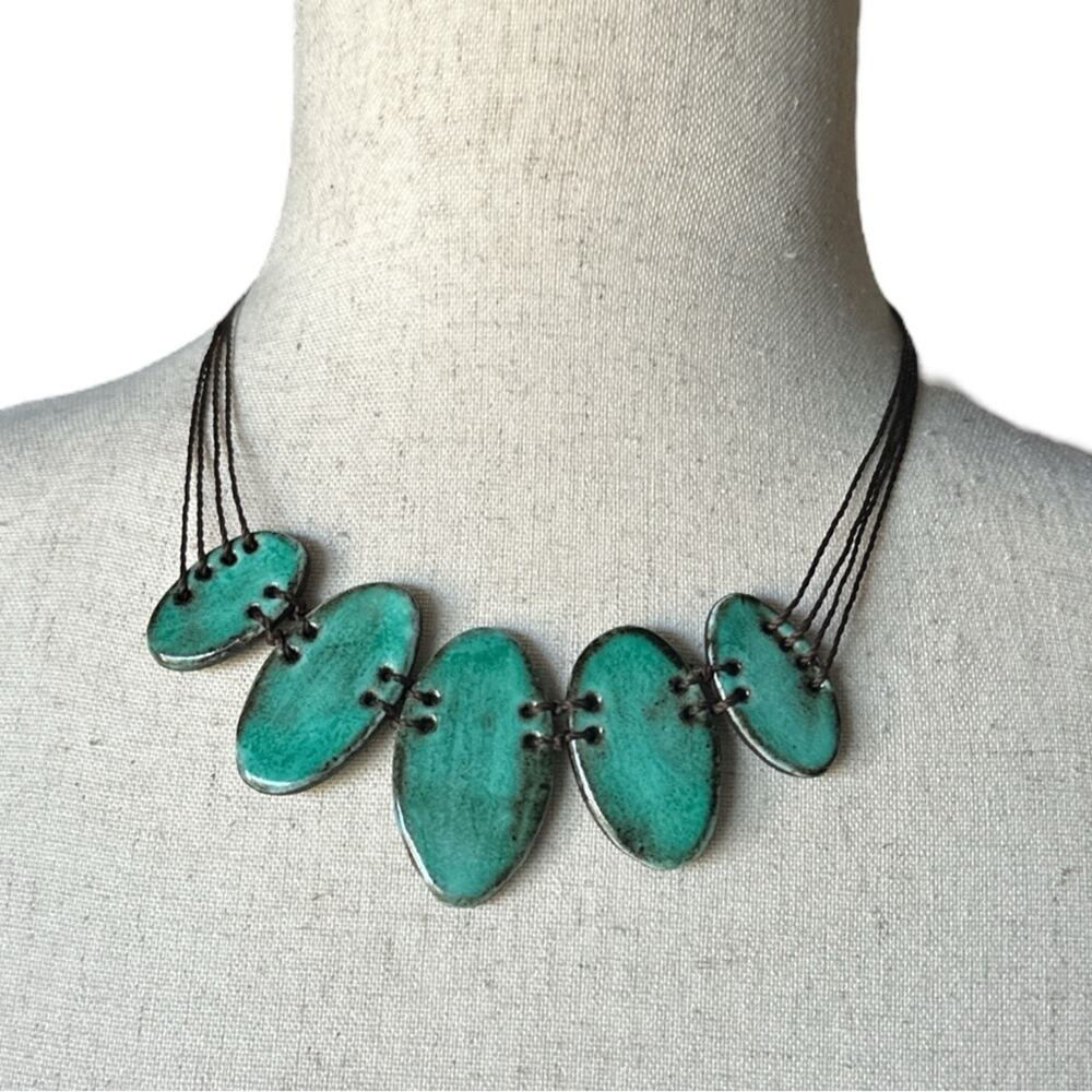 Artisan Handmade Teal Ceramic Statement Necklace Brazilian Jewelry 17"